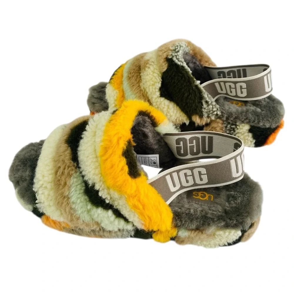 UGG Fluff Yeah Slide Cali Collage Olive Faux Fur Sandals Size 8